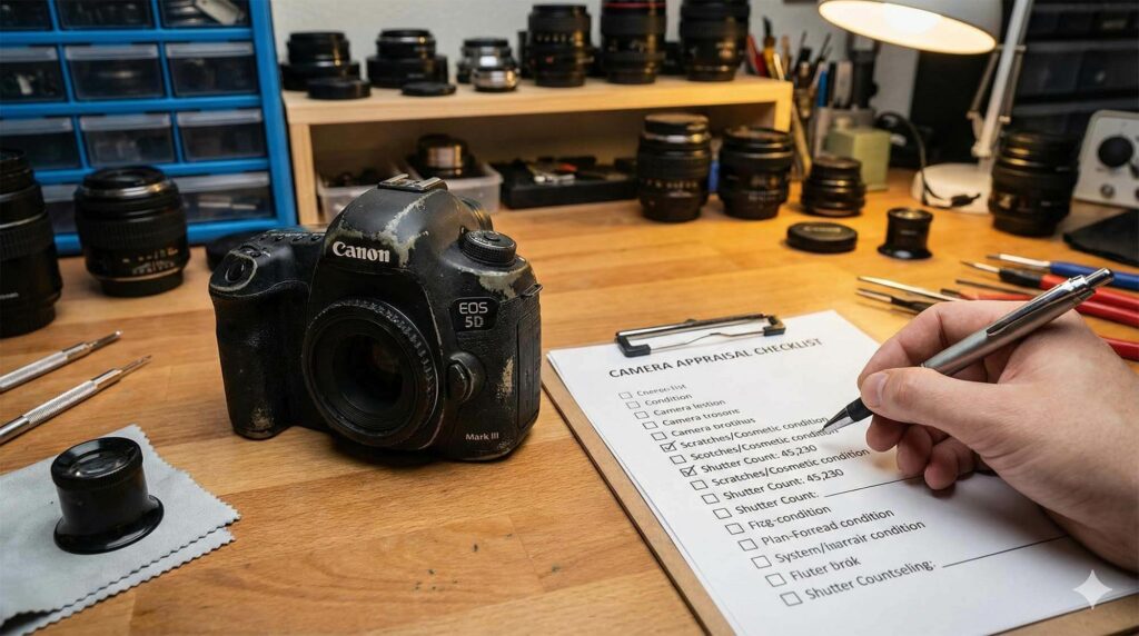一張檢查清單放在二手相機旁邊，上面勾選著「外觀」、「快門數」等選項，象徵專業的估價流程 / Checklist on a clipboard next to a used camera, checking for scratches and shutter count, appraisal concept.