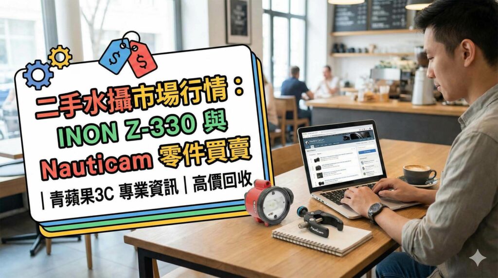 二手市場平拍展示：包含 INON 閃光燈、Nauticam 蝴蝶夾與 GoPro 配件 / Marketplace flat lay: INON strobes, Nauticam clamps, and GoPro accessories.
